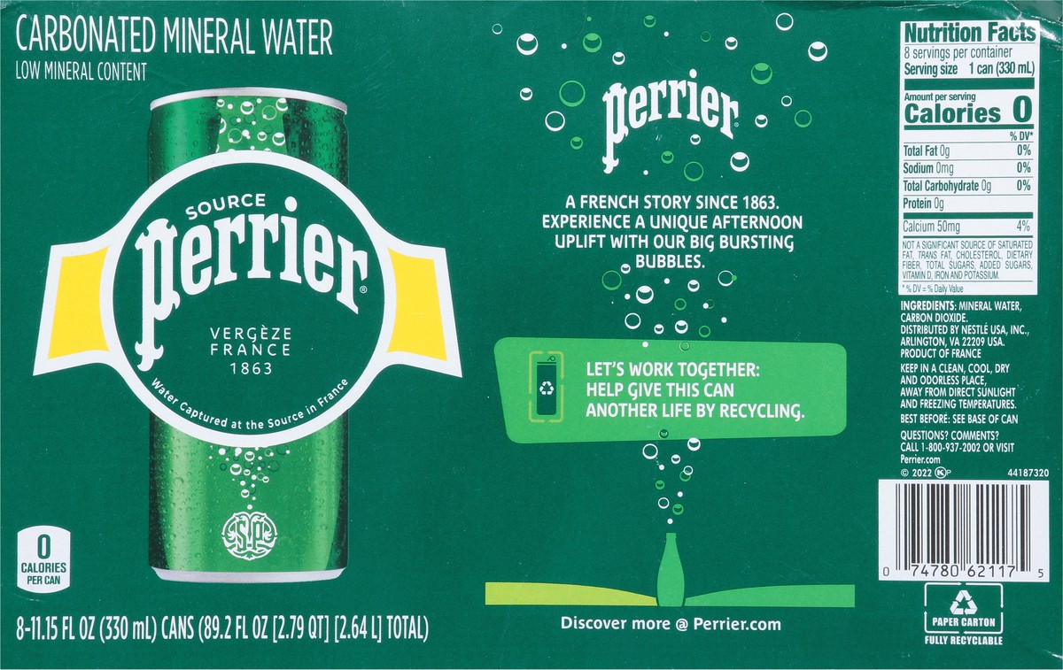 slide 13 of 14, Perrier Sparkling Water, Sleek Cans (8 Count), 89.2 oz