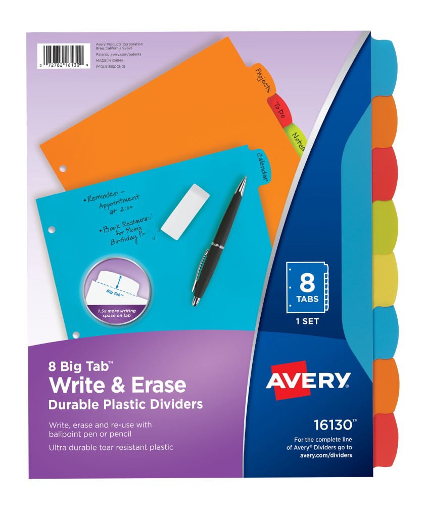 slide 1 of 6, Avery Big Tab Write & Erase Durable Plastic Dividers, 8 1/2'' X 11'', Multicolor, 8-Tab, 1 ct