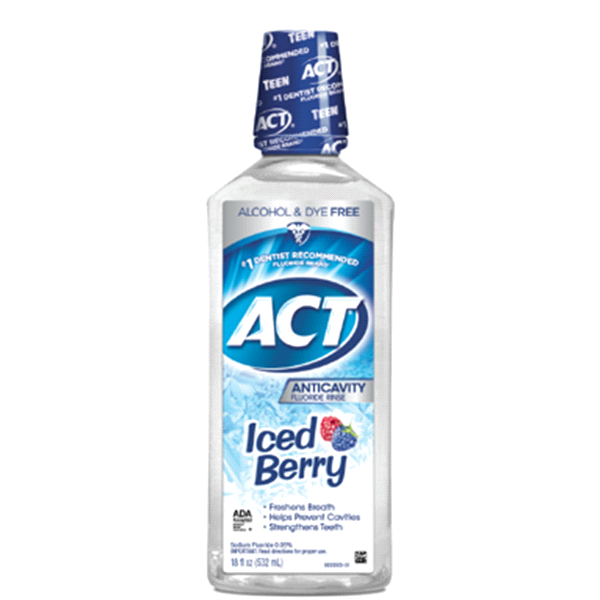 slide 1 of 1, ACT Mouthwash Fluoride Iced Berry Anticavity, 18 oz