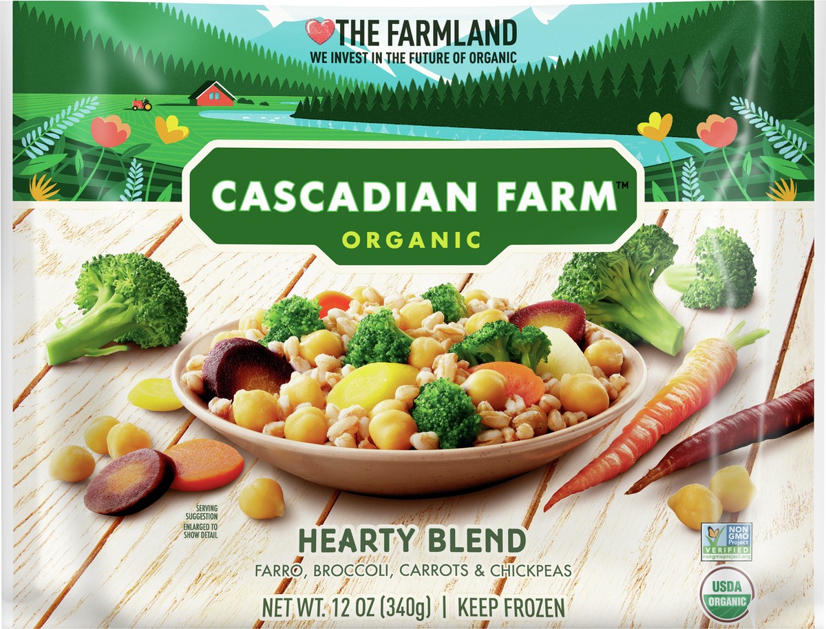 slide 4 of 9, Cascadian Farm Organic Frozen Hearty Blend With Farro, Broccoli, Carrots and Chickpeas, 12 oz., 12 oz