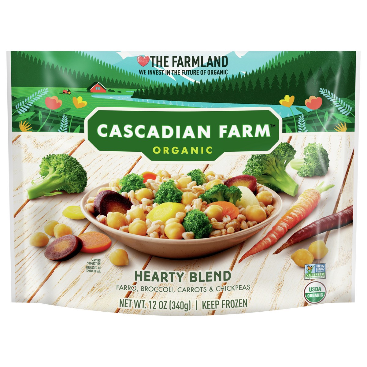 slide 1 of 9, Cascadian Farm Organic Frozen Hearty Blend With Farro, Broccoli, Carrots and Chickpeas, 12 oz., 12 oz