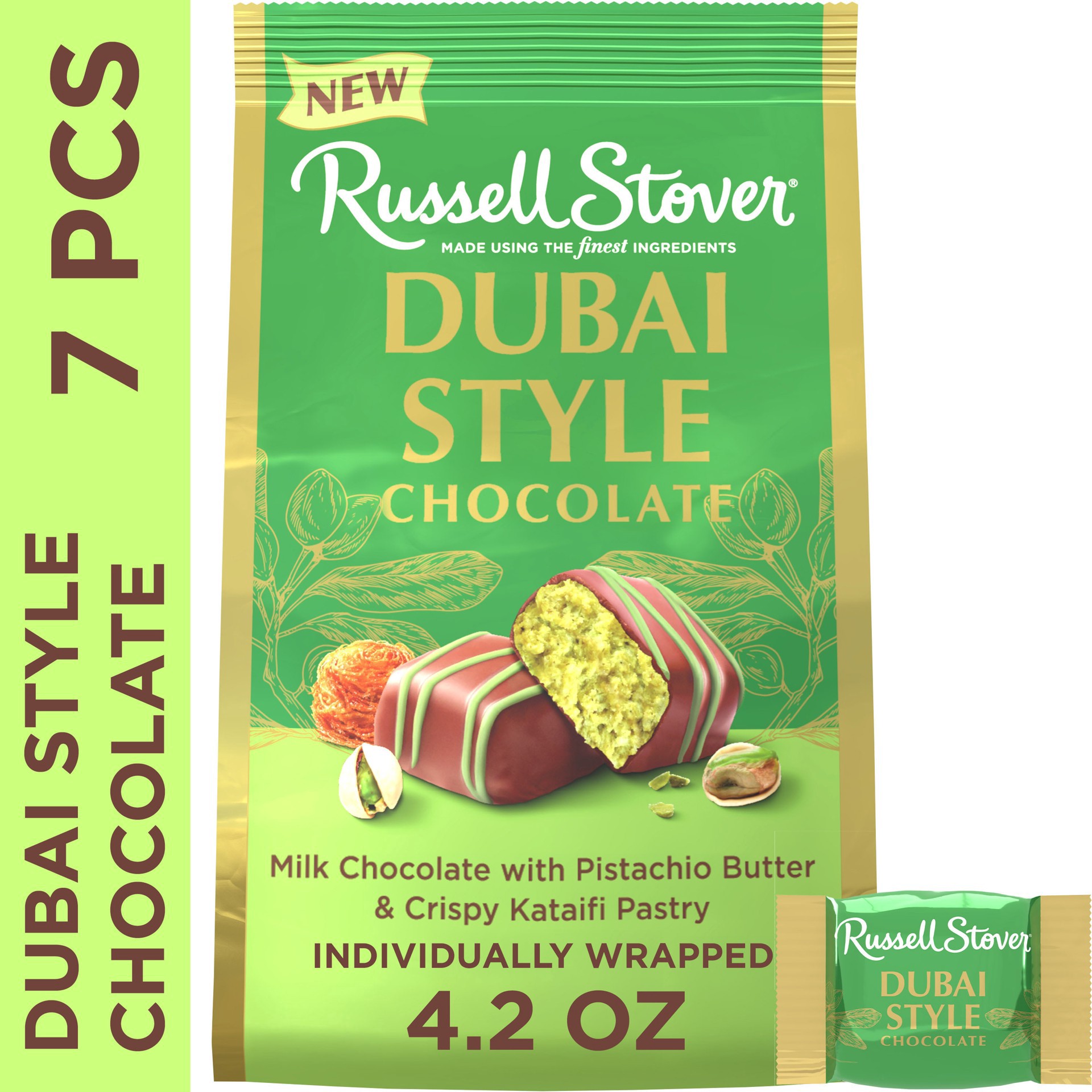 slide 1 of 5, RUSSELL STOVER Dubai Style Milk Chocolate Candy Bar with Pistachio & Kataifi Gift Bag, 4.2 oz., 4.2 oz