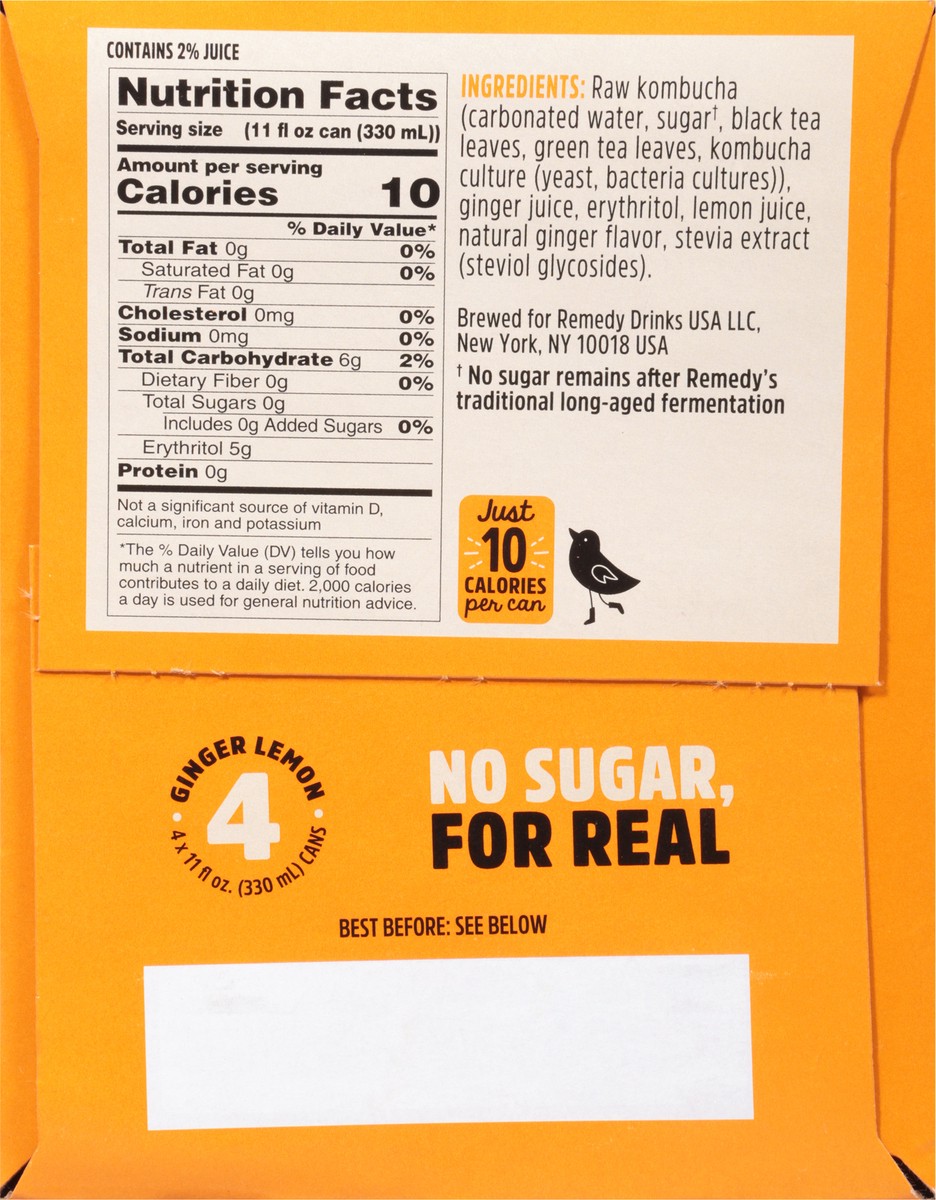 slide 12 of 12, Remedy Ginger Lemon Kombucha 4 - 11 fl oz Cans, 44 fl oz