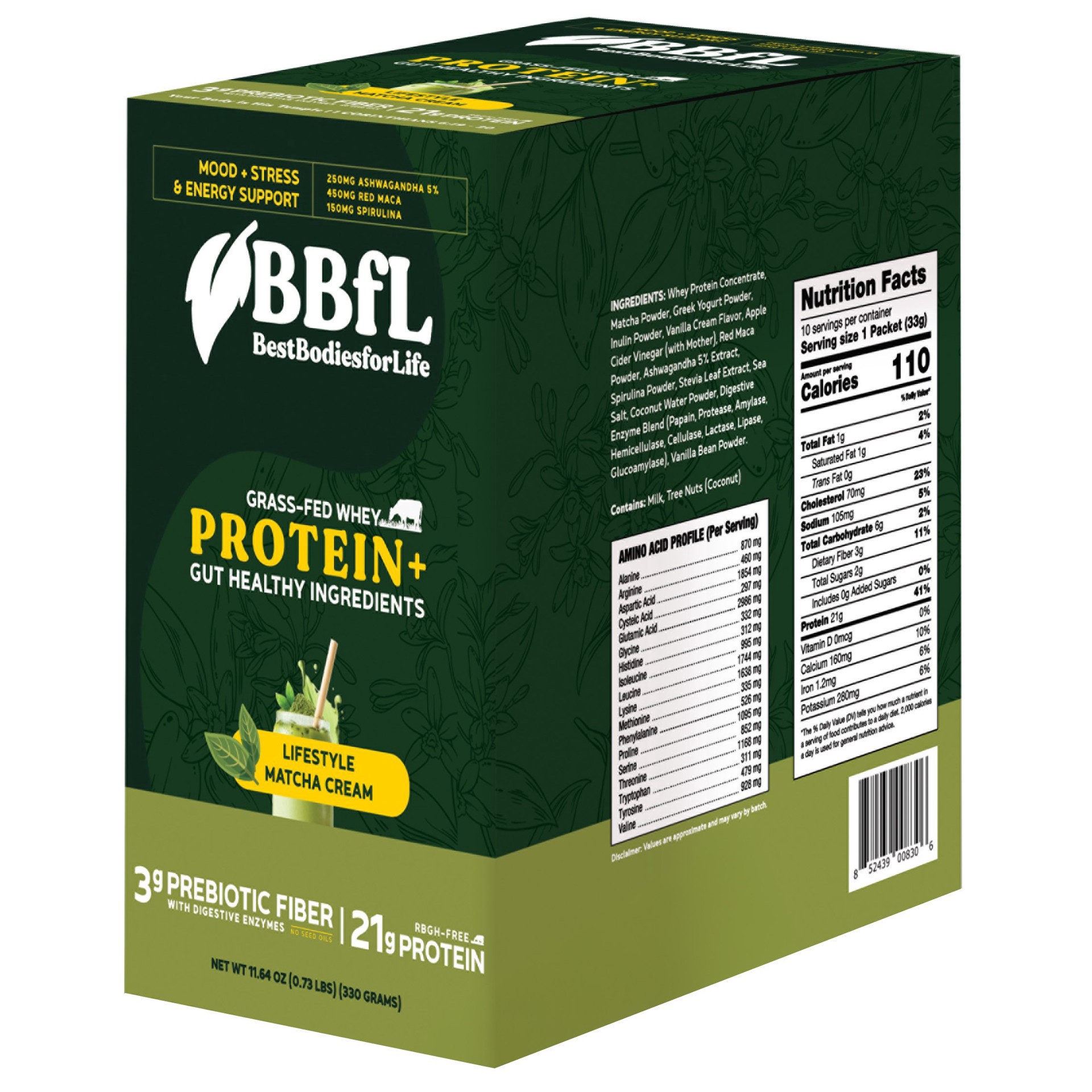 slide 1 of 1, BestBodiesforLife 21g Whey Protein & Meal Replacement Lifestyle Shake Packets - Matcha Cream, 10 ct