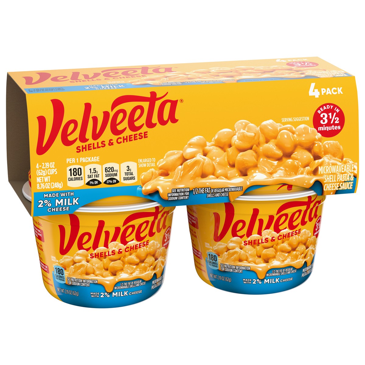 slide 3 of 9, Velveeta Shells & Cheese Microwaveable Shell Pasta with 2% Milk Cheese, 4 ct Pack, 2.19 oz Cups, 4 ct