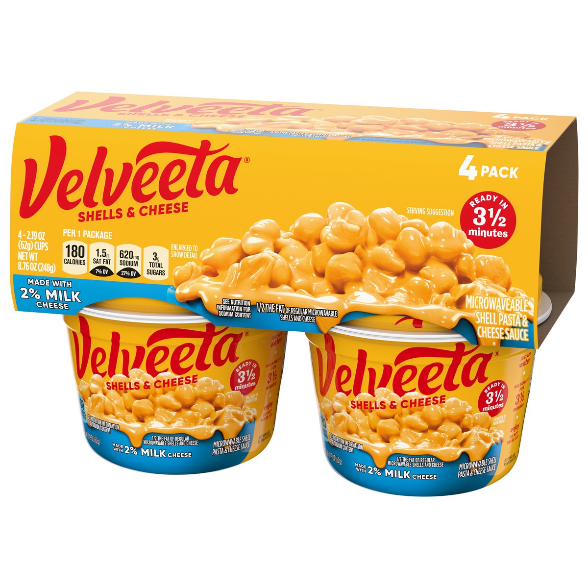 slide 6 of 9, Velveeta Shells & Cheese Microwaveable Shell Pasta with 2% Milk Cheese, 4 ct Pack, 2.19 oz Cups, 4 ct