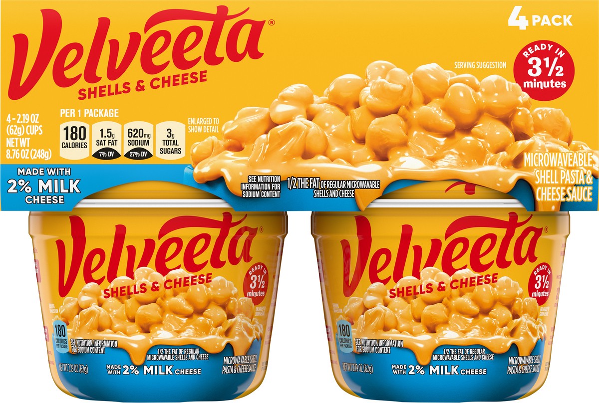 slide 4 of 9, Velveeta Shells & Cheese Microwaveable Shell Pasta with 2% Milk Cheese, 4 ct Pack, 2.19 oz Cups, 4 ct