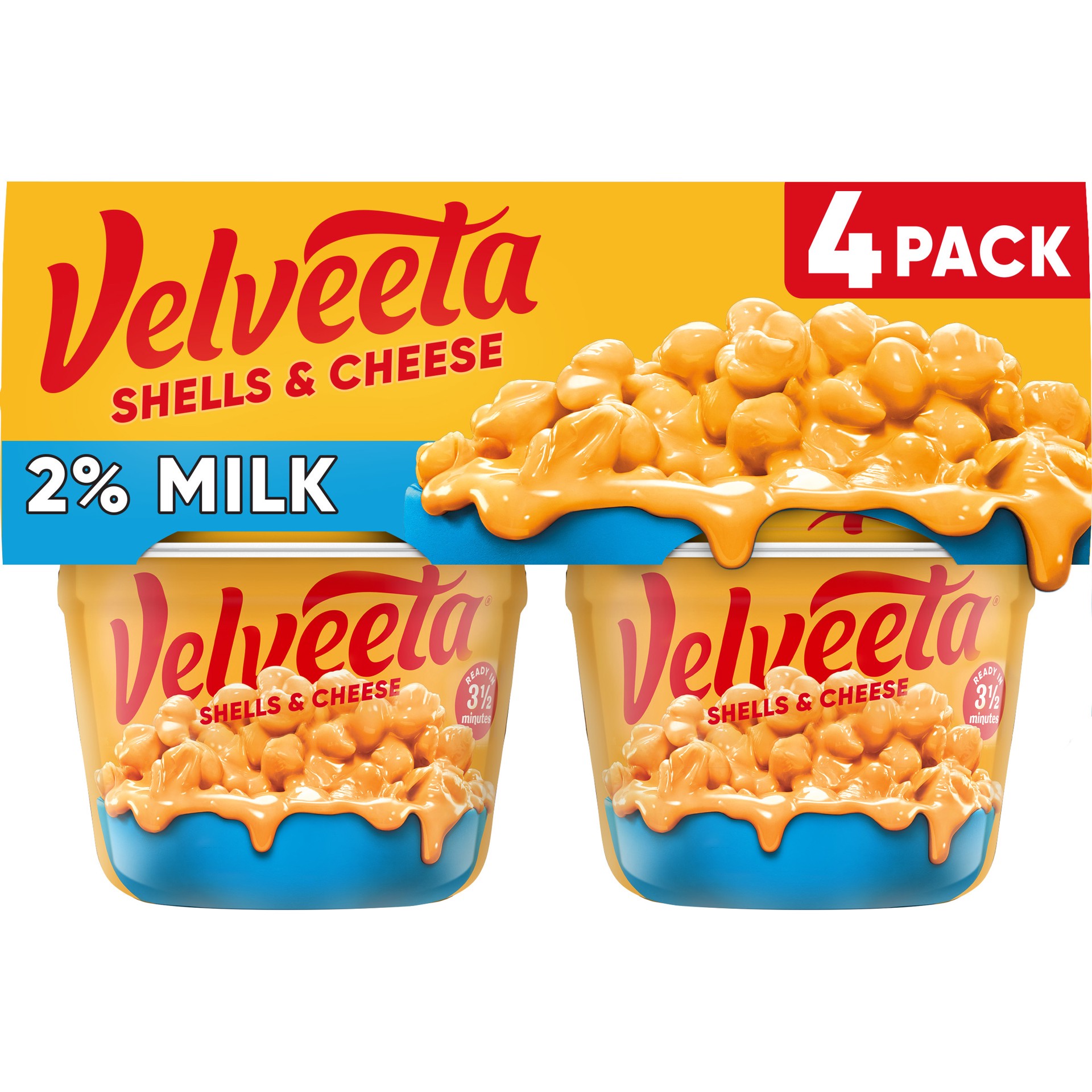 slide 1 of 9, Velveeta Shells & Cheese Microwaveable Shell Pasta with 2% Milk Cheese, 4 ct Pack, 2.19 oz Cups, 4 ct