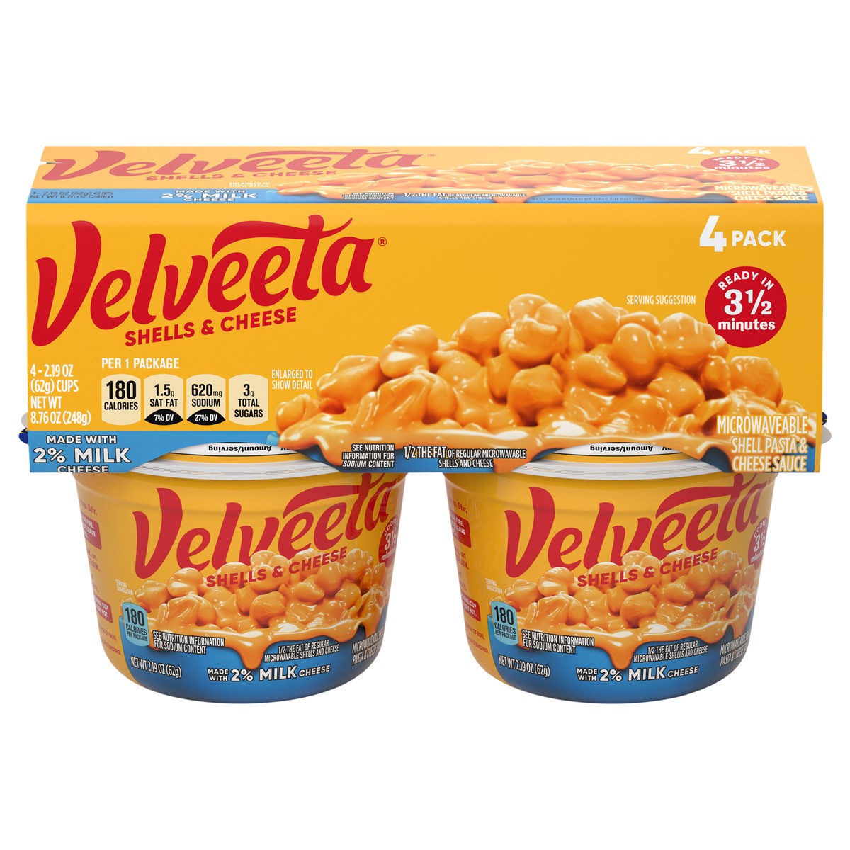 slide 1 of 9, Velveeta Shells & Cheese Microwaveable Shell Pasta with 2% Milk Cheese, 4 ct Pack, 2.19 oz Cups, 4 ct