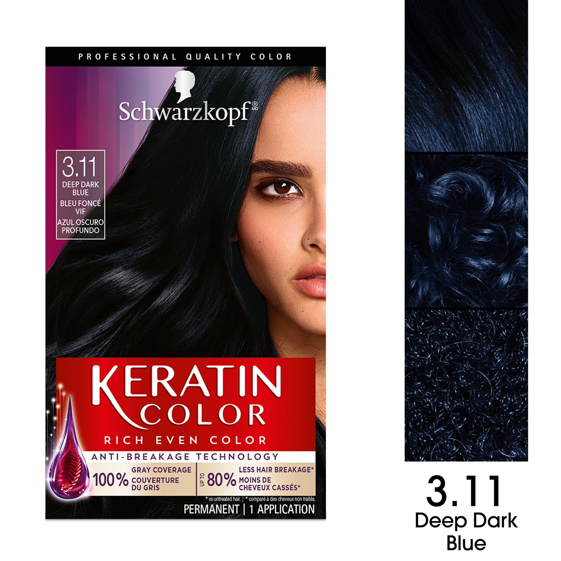slide 2 of 5, Schwarzkopf Permanent Hair Color, 3.11 Deep Dark Blue, 1 Application - Professionally Inspired Permanent Hair Dye, for up to 80% Less Breakage vs Untreated Hair and up to 100% Gray Coverage, 6.10 fl oz