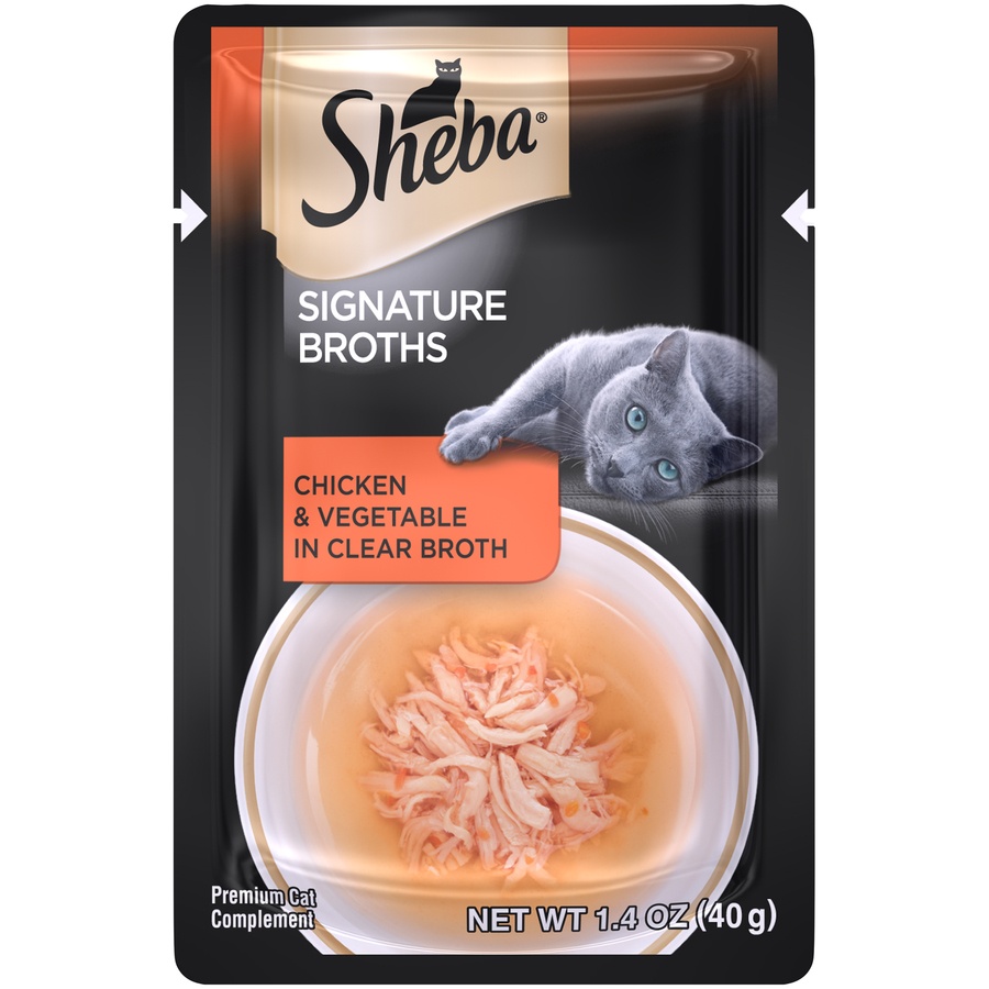 slide 1 of 1, Sheba Signature Broths Chicken and Vegetable in Clear Broth Wet Cat Food, 1.4 oz