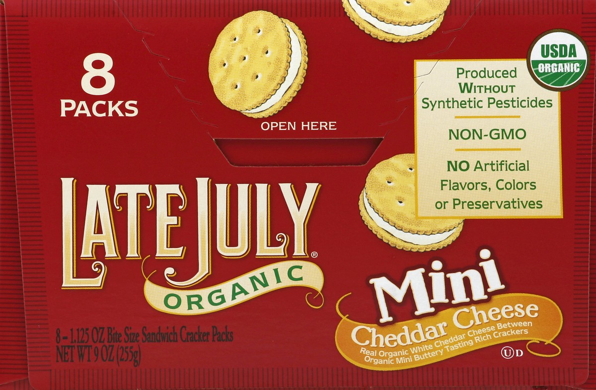 slide 4 of 4, Late July Organic Mini Cheddar Cheese Sandwich Cracker Packs, 8 ct