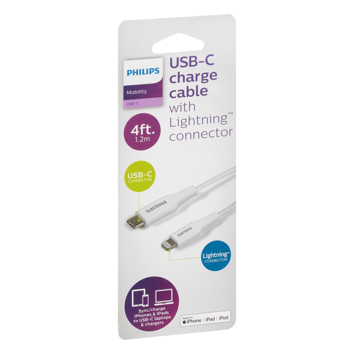 slide 6 of 8, Philips Usb-C To Lightning Cable, 4 Ft, Basic, White, 1 ct