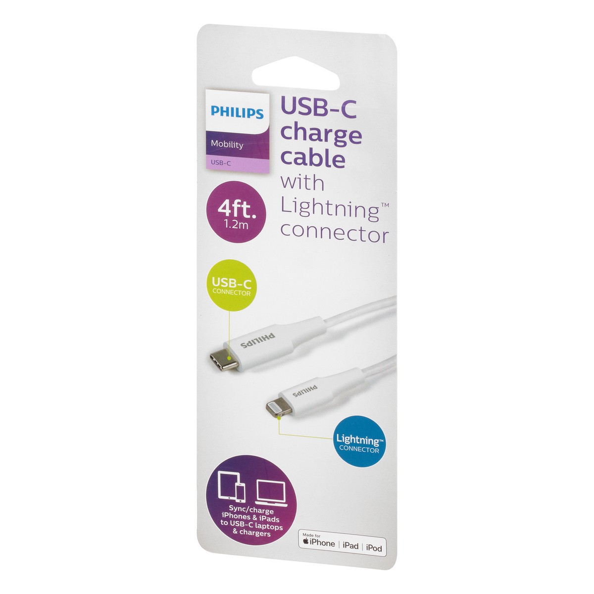 slide 4 of 8, Philips Usb-C To Lightning Cable, 4 Ft, Basic, White, 1 ct