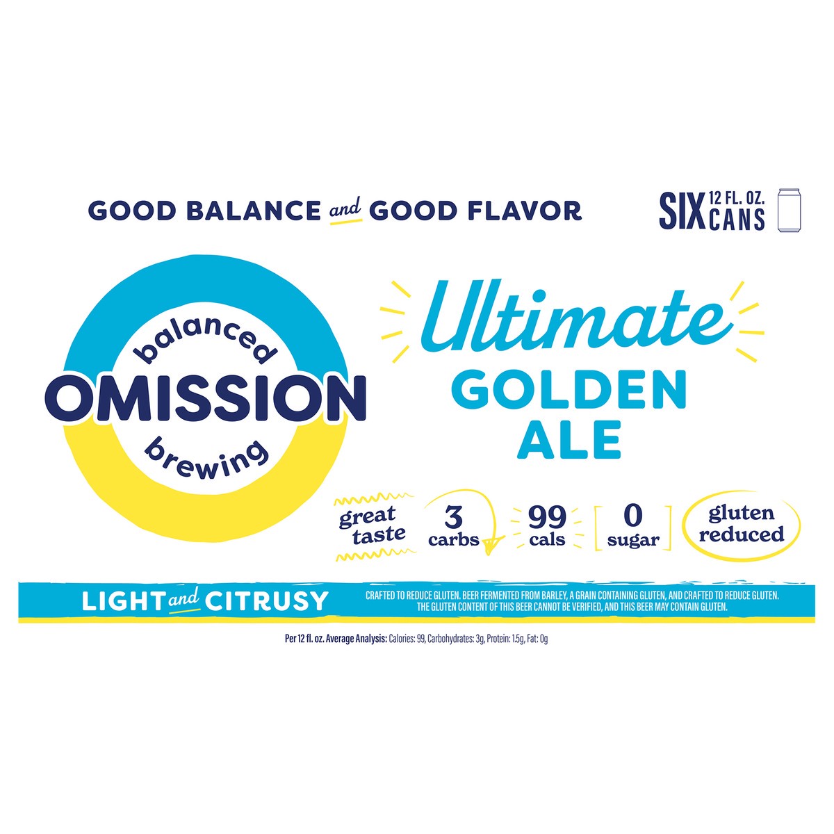 slide 1 of 1, Omission Balance Brewing Omission Balanced Brewing Ultimate Golden Ale, 6 pack 12 FL OZ Cans, 4.2% ABV, 6 ct; 12 oz