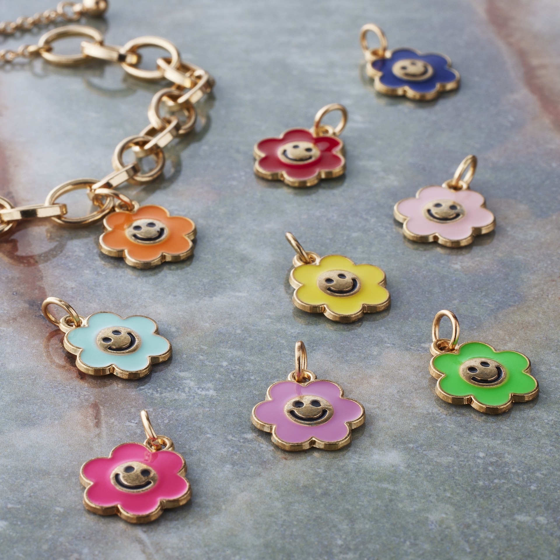 slide 3 of 3, Enamel & Gold Smiley Flower Charms By Bead Landing, 13.5 mm charm diameter