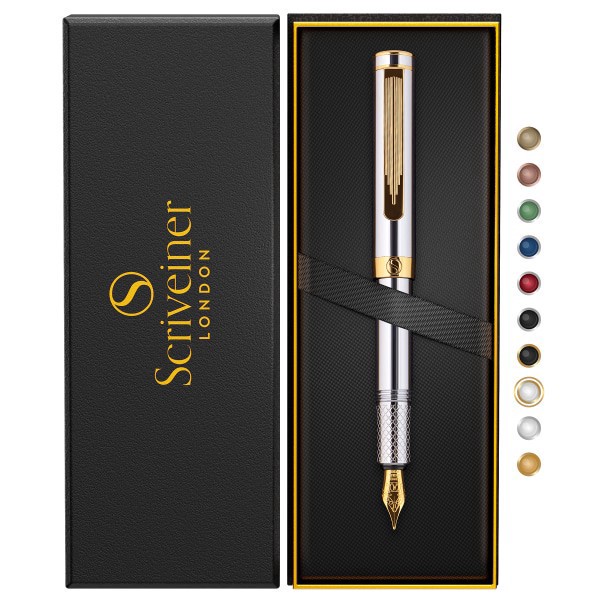 slide 8 of 10, Scriveiner Edc Luxury Fountain Pen, Medium Nib, 0.7 Mm, Silver Chrome Barrel, Black And Blue, 1 ct