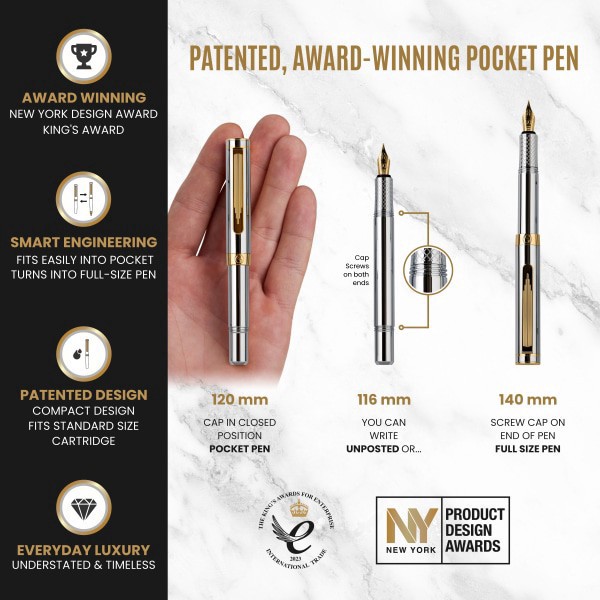 slide 9 of 10, Scriveiner Edc Luxury Fountain Pen, Medium Nib, 0.7 Mm, Silver Chrome Barrel, Black And Blue, 1 ct