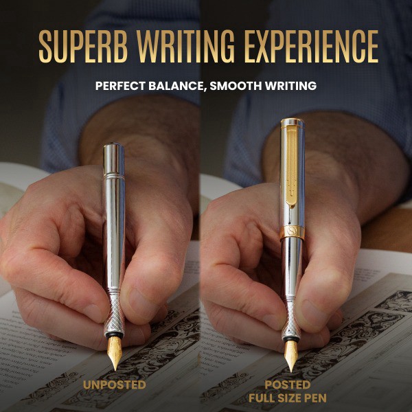 slide 3 of 10, Scriveiner Edc Luxury Fountain Pen, Medium Nib, 0.7 Mm, Silver Chrome Barrel, Black And Blue, 1 ct