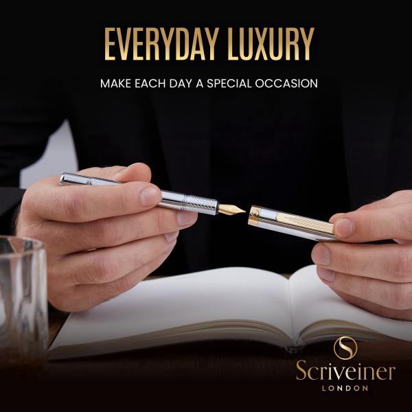 slide 10 of 10, Scriveiner Edc Luxury Fountain Pen, Medium Nib, 0.7 Mm, Silver Chrome Barrel, Black And Blue, 1 ct