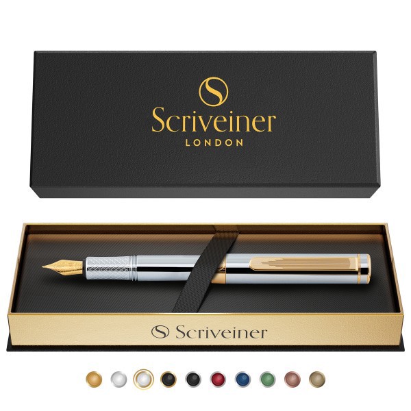 slide 5 of 10, Scriveiner Edc Luxury Fountain Pen, Medium Nib, 0.7 Mm, Silver Chrome Barrel, Black And Blue, 1 ct
