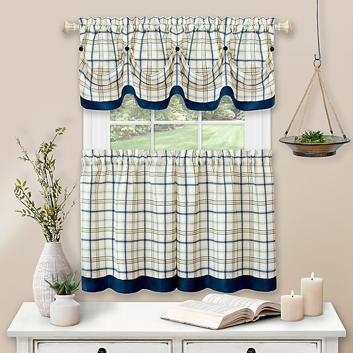 slide 1 of 3, Tattersall Kitchen Window Curtain Tier Pair & Valance Set - Navy, 36 in