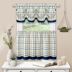 Tattersall Kitchen Window Curtain Tier Pair & Valance Set - Navy