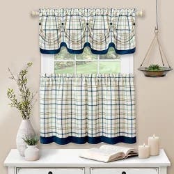 Tattersall Kitchen Window Curtain Tier Pair & Valance Set - Navy