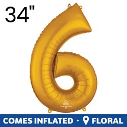 Gold Number 6 Helium Filled Balloon - 34 inches