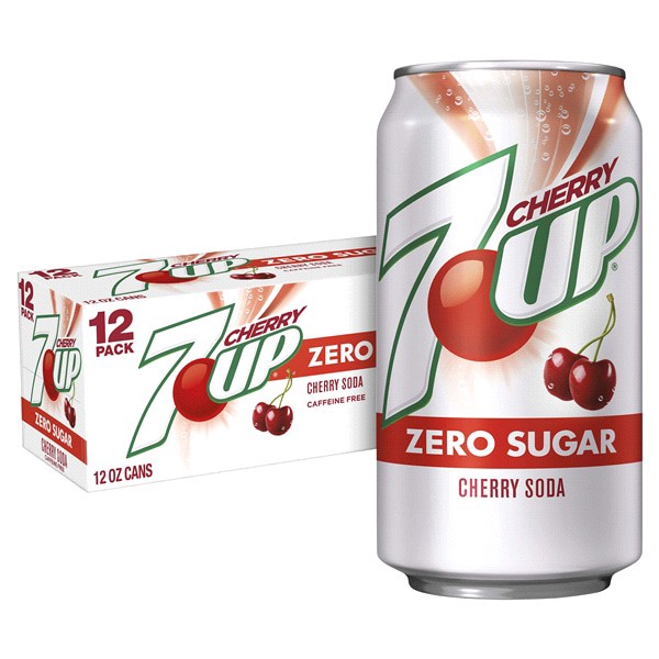 slide 7 of 25, 7UP Cherry Flavored Zero Sugar Soda, 12 fl oz cans, 12 pack, 12 ct; 12 fl oz