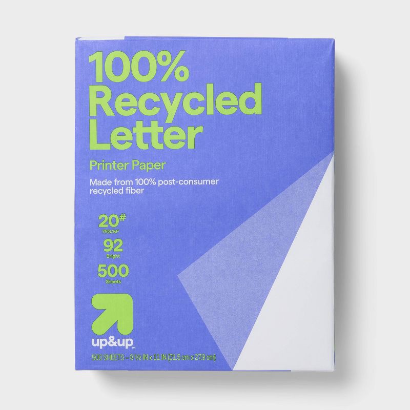 slide 1 of 3, 500ct 100% Recycled Letter Printer Paper White - up&up™: 8.5x11 Inches, 20 lb, 92 Brightness, Recyclable Printing, 500 ct, 20 lb
