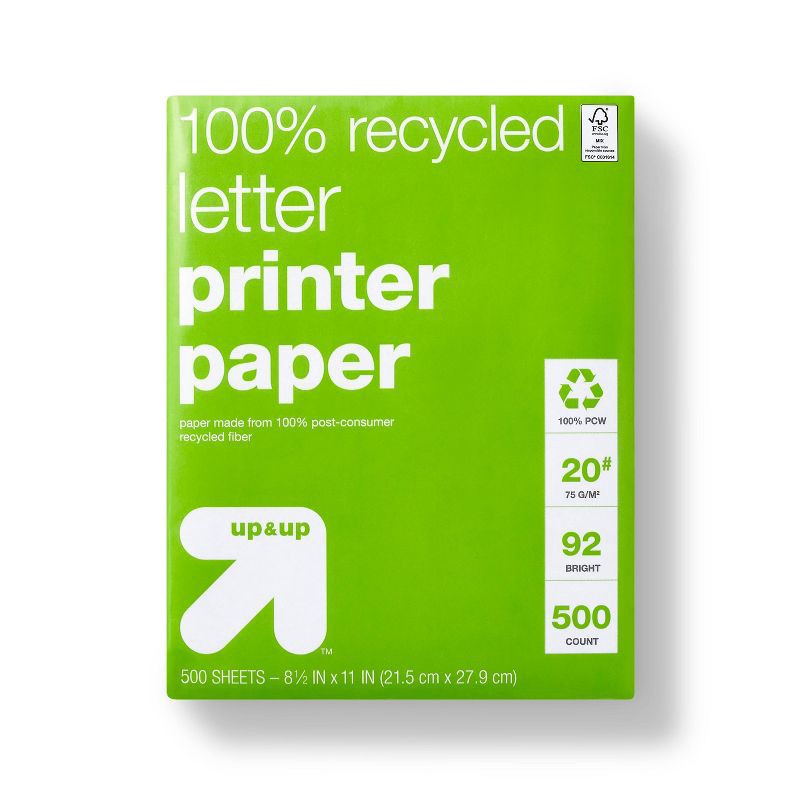 slide 1 of 3, 500ct 100% Recycled Letter Printer Paper White - up&up™: 8.5x11 Inches, 20 lb, 92 Brightness, Recyclable Printing, 500 ct, 20 lb