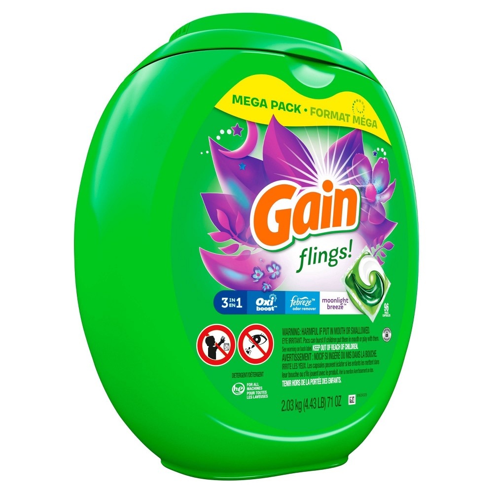 slide 3 of 10, Gain flings! Liquid Laundry Detergent Pacs - Moonlight Breeze, 71 oz, 96 ct