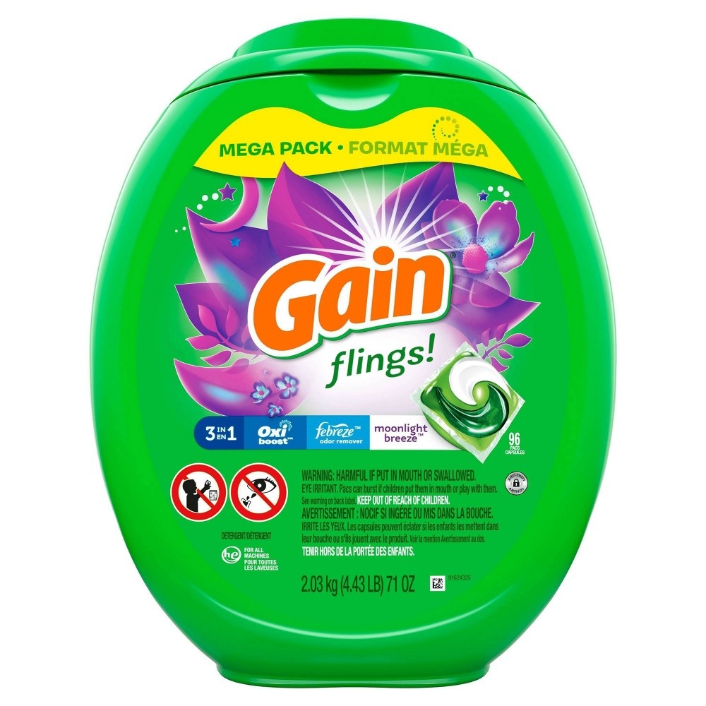 slide 4 of 10, Gain flings! Liquid Laundry Detergent Pacs - Moonlight Breeze, 71 oz, 96 ct
