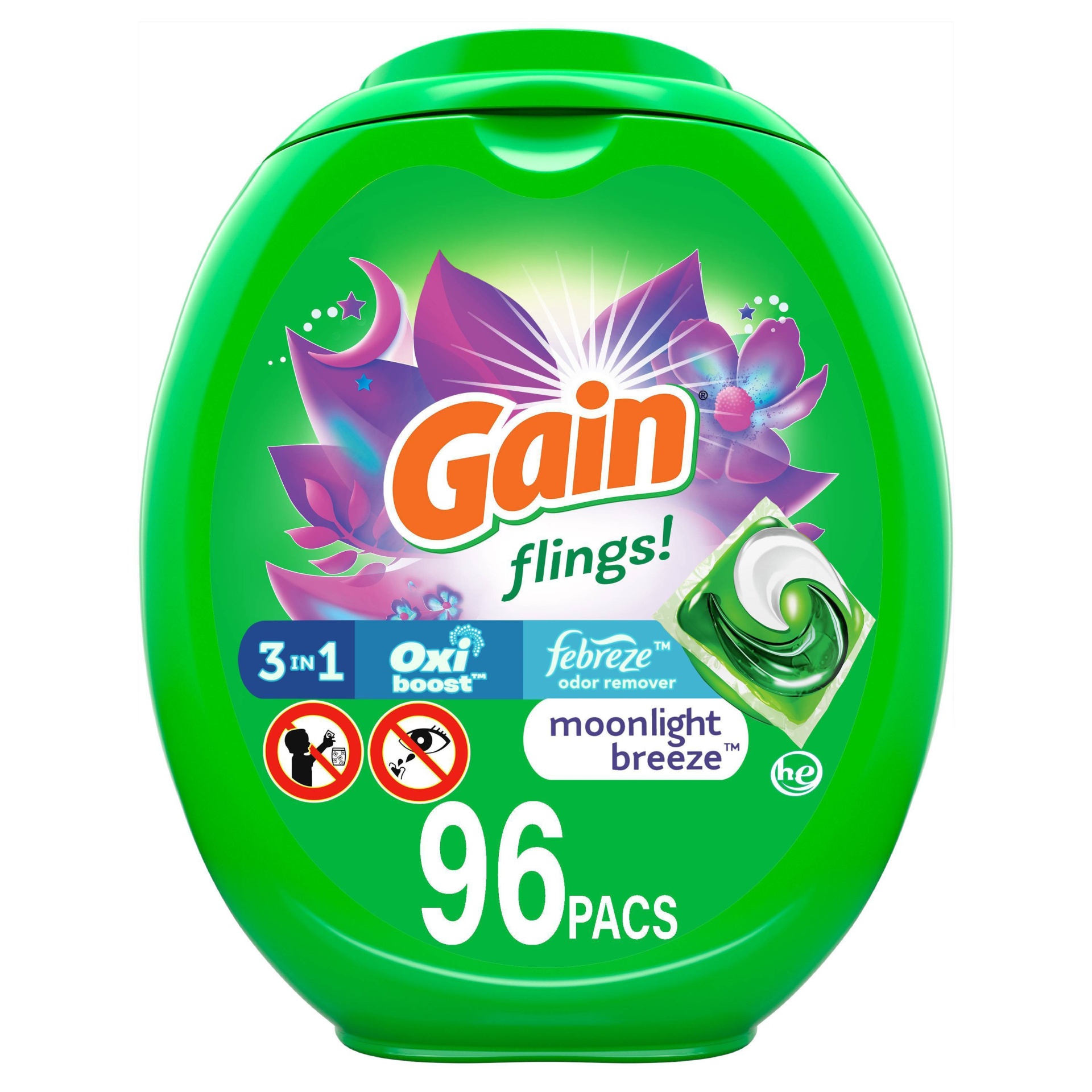 slide 1 of 10, Gain flings! Liquid Laundry Detergent Pacs - Moonlight Breeze, 71 oz, 96 ct