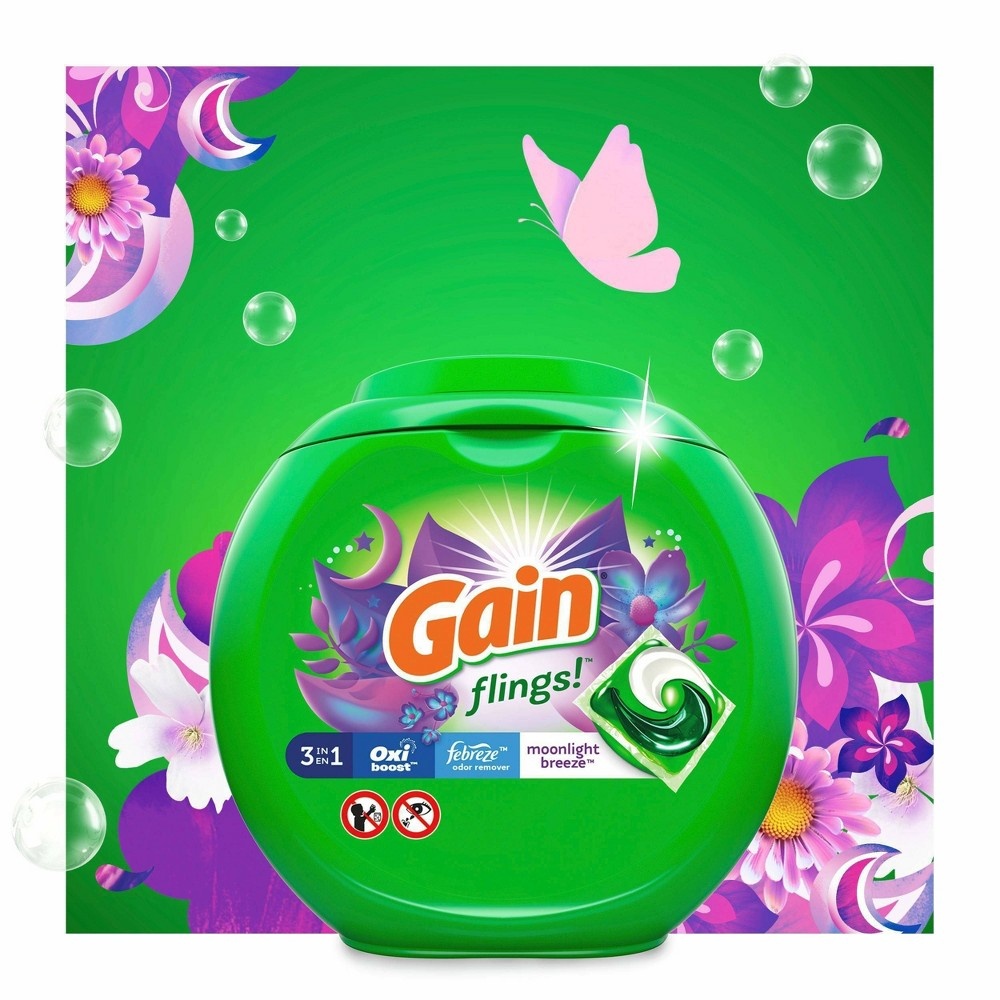 slide 6 of 10, Gain flings! Liquid Laundry Detergent Pacs - Moonlight Breeze, 71 oz, 96 ct