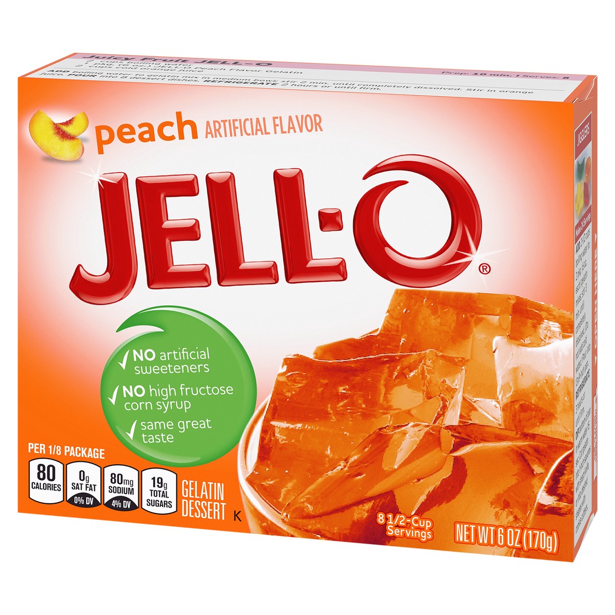 slide 5 of 9, Jell-O Peach Artificially Flavored Gelatin Dessert Mix, Family Size, 6 oz Box, 6 oz