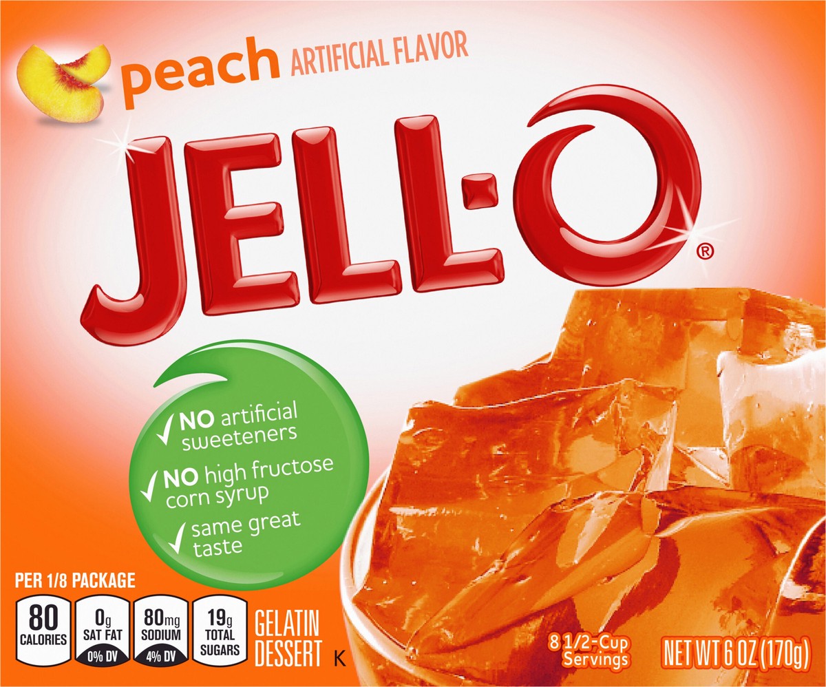 slide 3 of 9, Jell-O Peach Artificially Flavored Gelatin Dessert Mix, Family Size, 6 oz Box, 6 oz