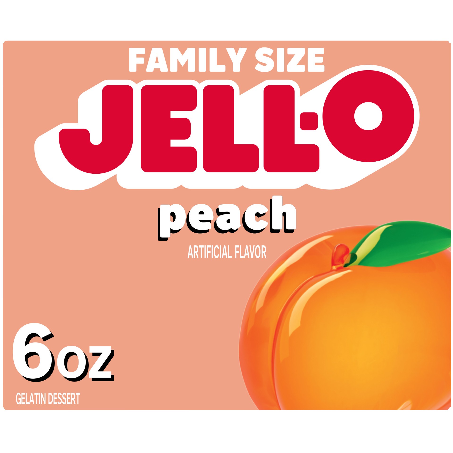 slide 1 of 9, Jell-O Peach Artificially Flavored Gelatin Dessert Mix, Family Size, 6 oz Box, 6 oz