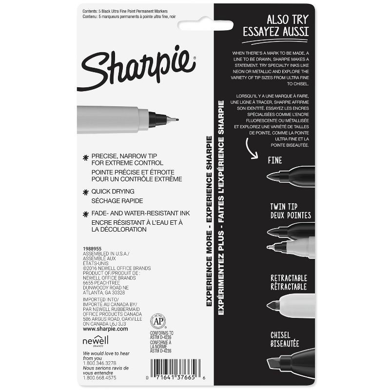 slide 6 of 6, Sharpie 5pk Permanent Markers Ultra Fine Tip Black: Thin Sharpie Pen for Art & Office Use, Stationery Supplies, 5 ct