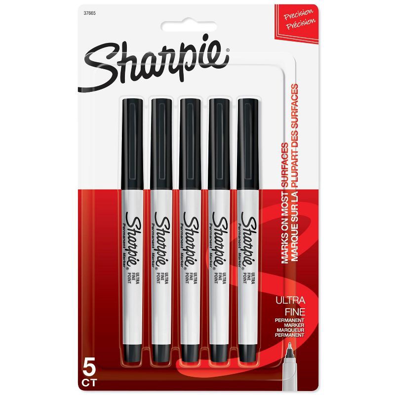 slide 1 of 6, Sharpie 5pk Permanent Markers Ultra Fine Tip Black: Thin Sharpie Pen for Art & Office Use, Stationery Supplies, 5 ct