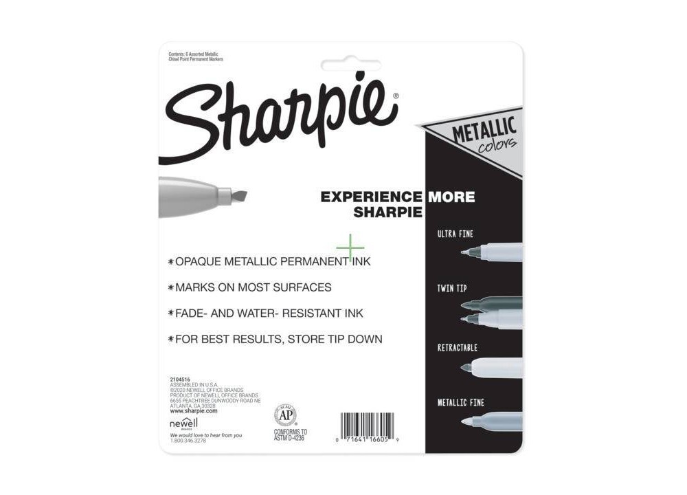 slide 2 of 6, Sharpie Permanent Markers Chisel Tip Metallic Multicolored, 6 ct