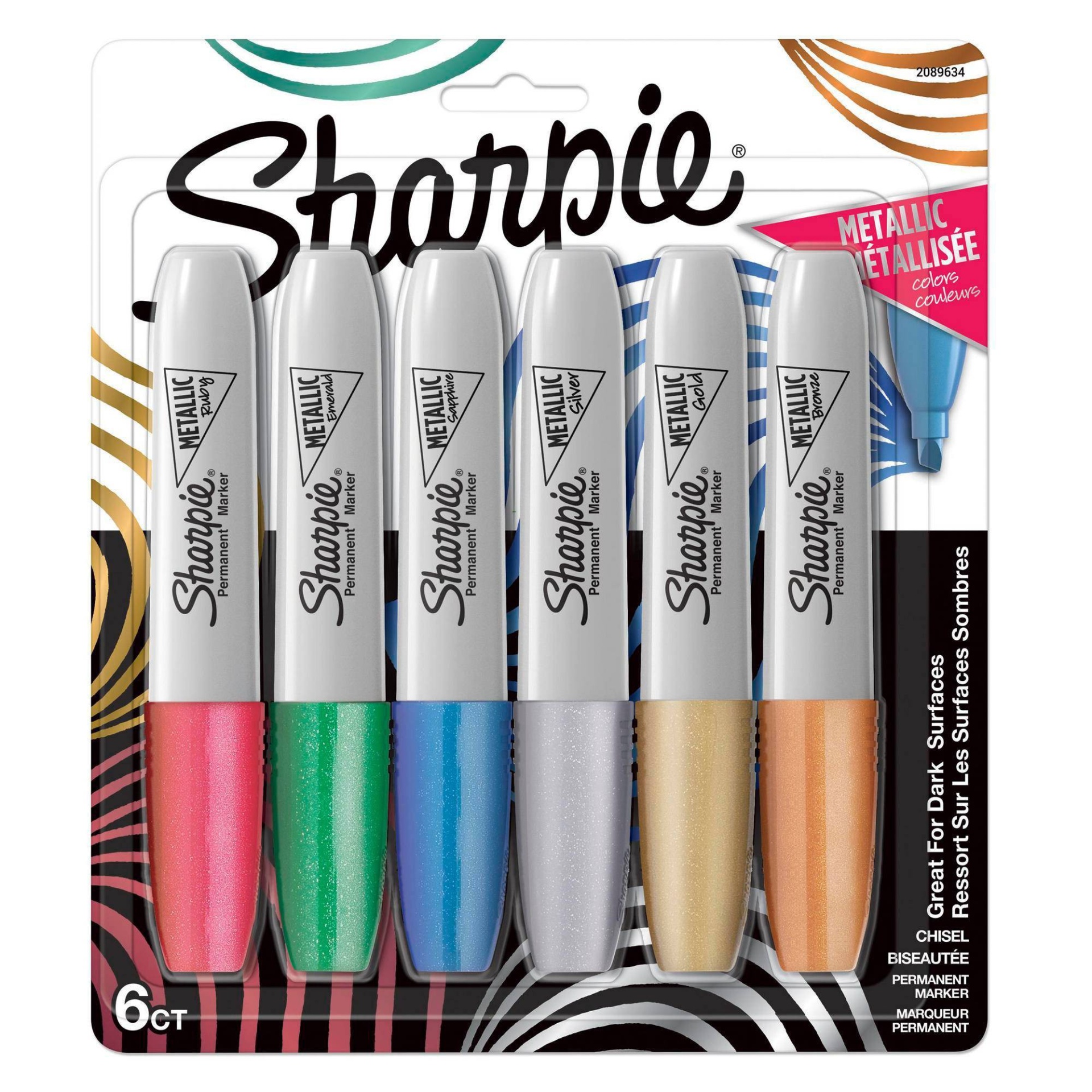 slide 1 of 6, Sharpie Permanent Markers Chisel Tip Metallic Multicolored, 6 ct