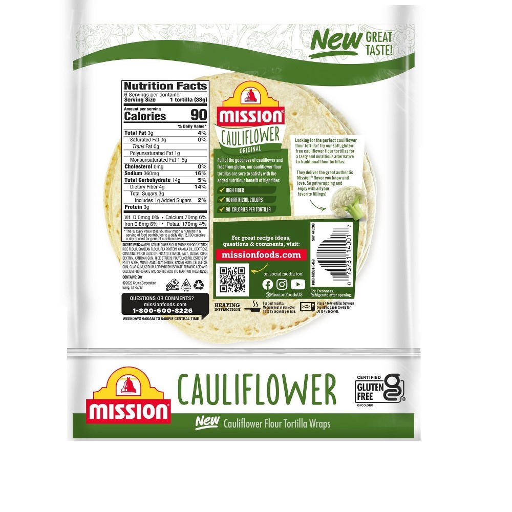 slide 2 of 2, Mission Cauliflower Original Tortilla Wraps 6 ea Bag, 6 ct