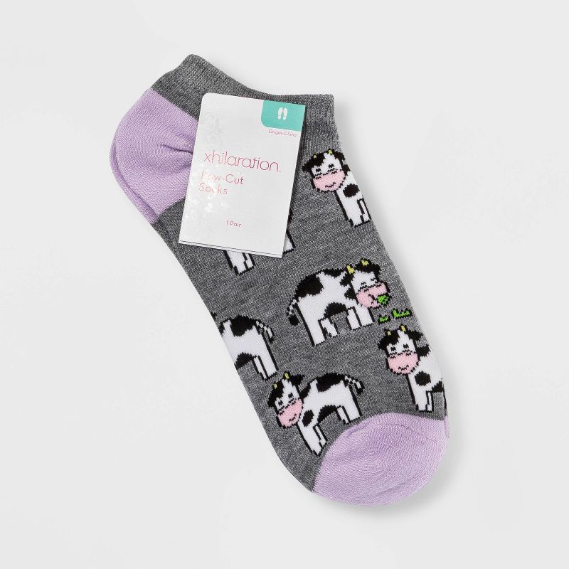 slide 2 of 2, Women's Cow Low Cut Socks - Heather Gray 4-10: Fun Knit Animal Pattern, Lightweight, Tagless Design, 1 ct