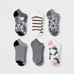 Women's Playful Cats 6pk Low Cut Socks - Gray/White 4-10: Tagless, Lightweight, Animal Pattern