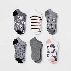 Women's Playful Cats 6pk Low Cut Socks - Gray/White 4-10: Tagless, Lightweight, Animal Pattern
