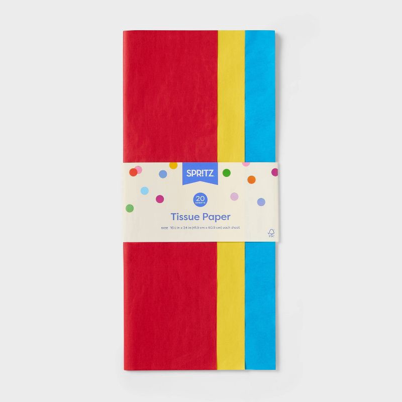 slide 3 of 3, 20ct Tissue Paper Red/Yellow/Blue - Spritz™: Multicolor Gift Packaging for All Occasions, Easter, Birthday Gift Bags, 20 ct