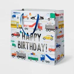 Large Square 'Happy Birthday' Vehicles Gift Bag White - Spritz™: Multicolor Boys Birthday Party Gift Bag, 15"x15"x8"