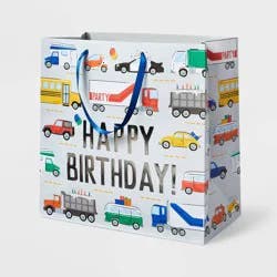 Large Square 'Happy Birthday' Vehicles Gift Bag White - Spritz™: Multicolor Boys Birthday Party Gift Bag, 15"x15"x8"